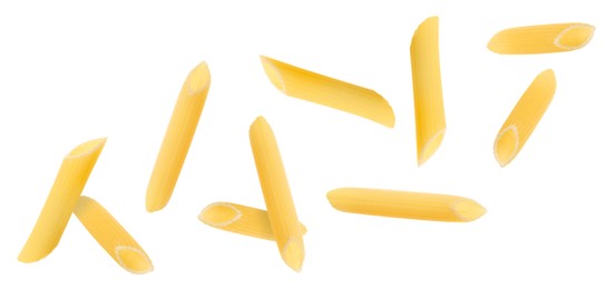 Image of Raw penne pasta flying on white background
