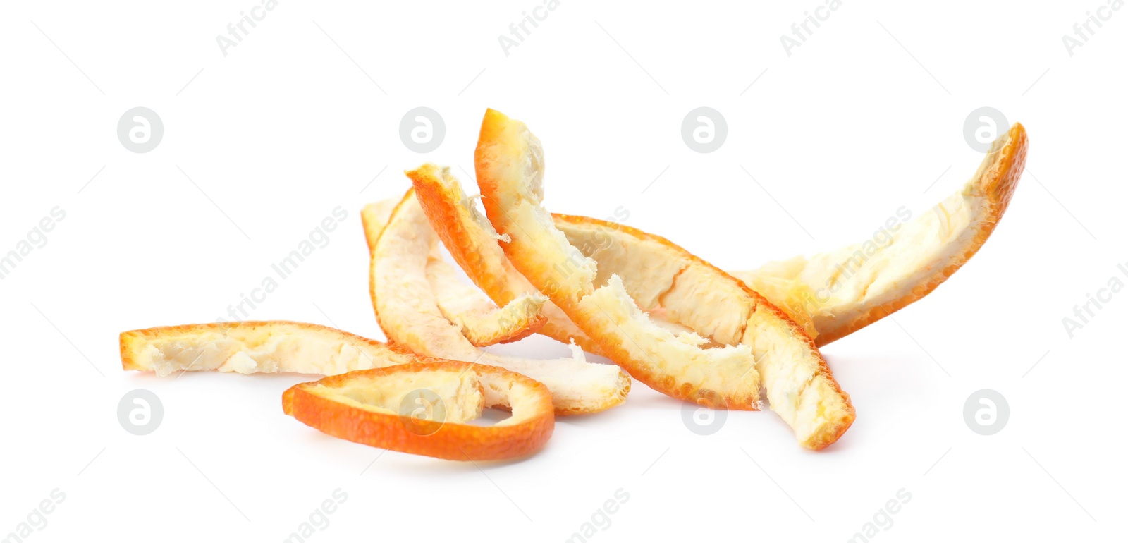 Photo of Orange peel on white background. Composting of organic waste