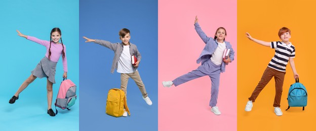 Image of Schoolchildren on color backgrounds, set of photos