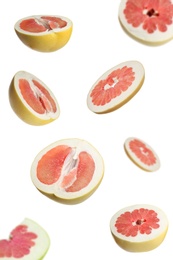 Image of Fresh exotic pomelo fruits falling on white background 