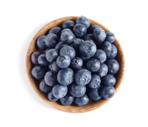 Bowl of fresh raw blueberries isolated on white, top view