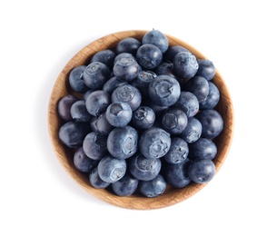 Photo of Bowl of fresh raw blueberries isolated on white, top view