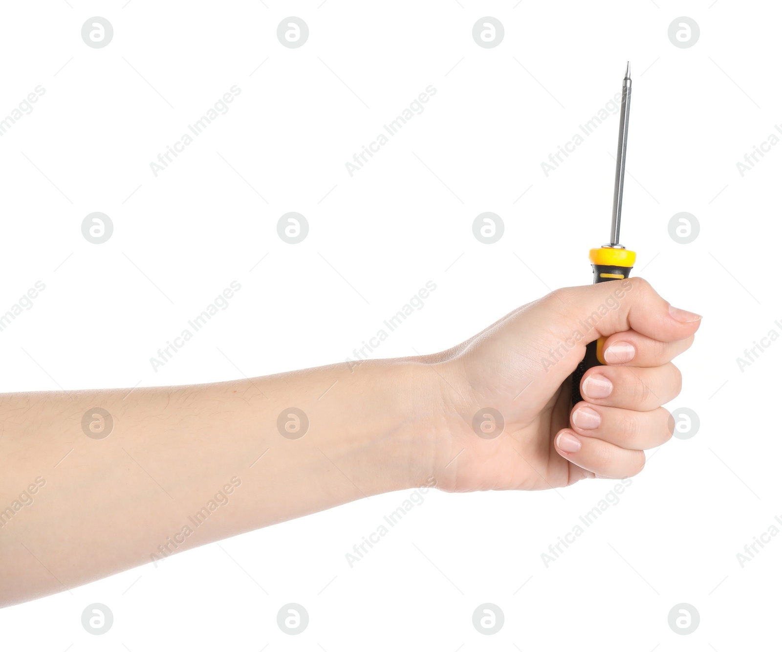 Photo of Woman holding screwdriver on white background, closeup