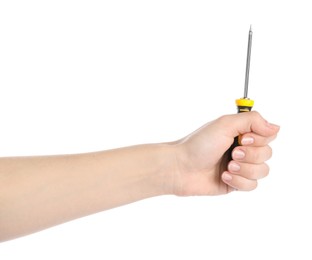 Photo of Woman holding screwdriver on white background, closeup