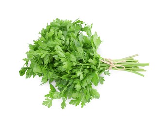 Photo of Bunch of fresh green parsley isolated on white, top view