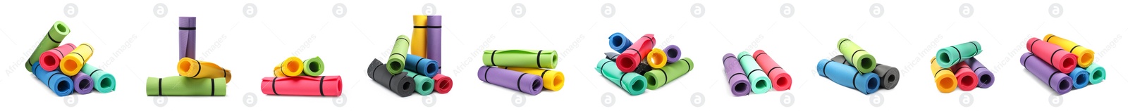 Image of Set with colorful camping mats on white background. Banner design