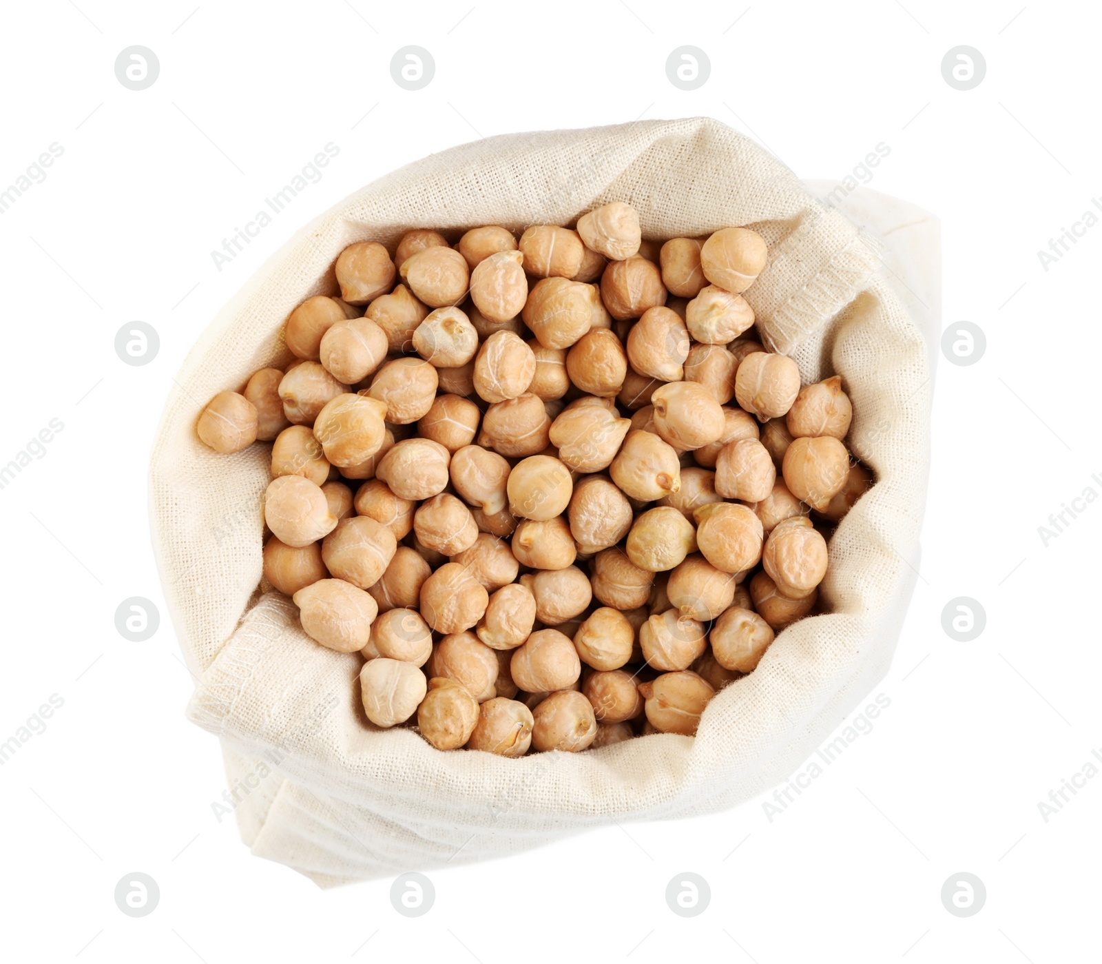 Photo of Chickpeas in sack on white background, top view. Natural food