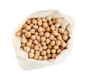 Photo of Chickpeas in sack on white background, top view. Natural food