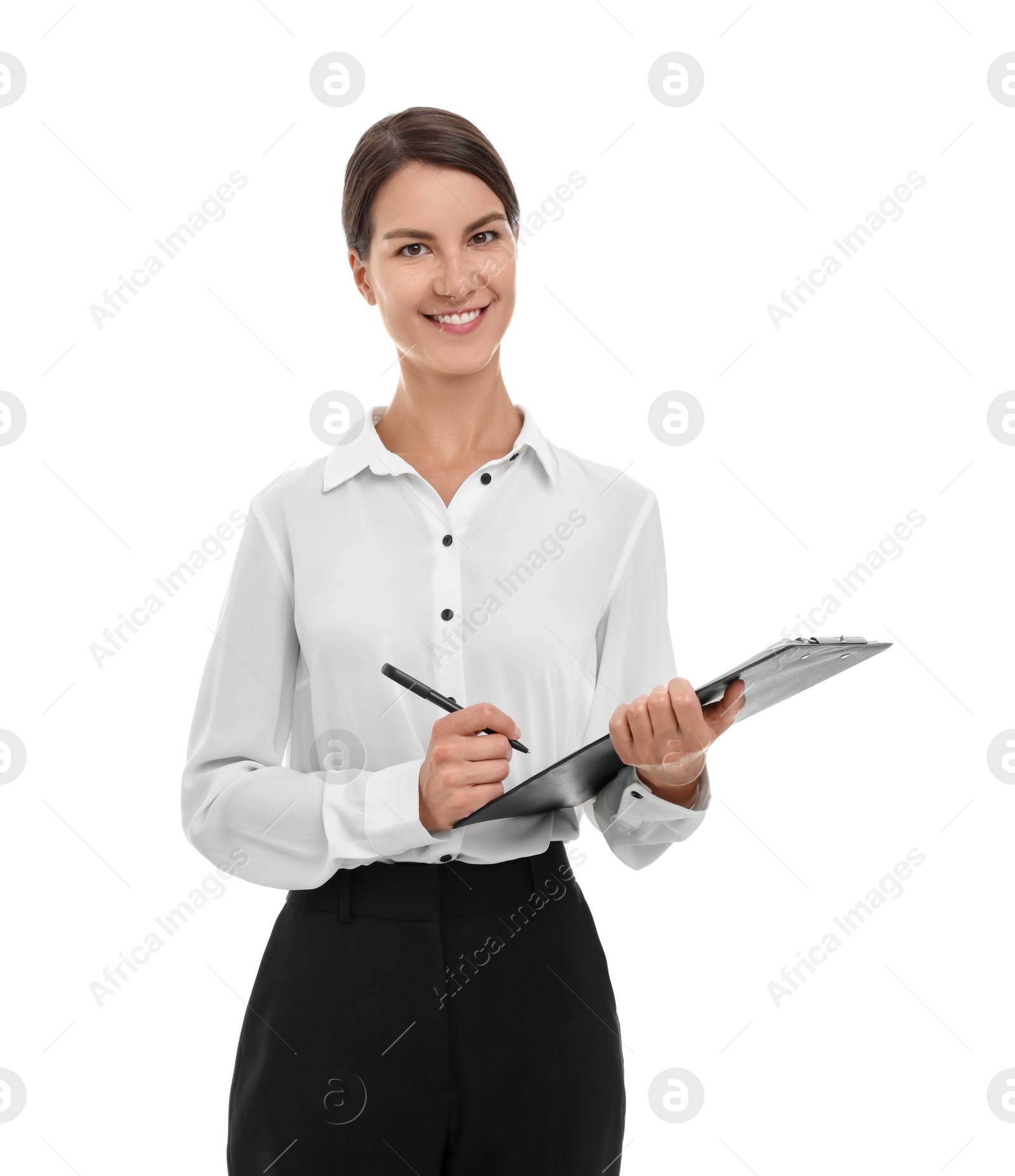 Photo of Happy secretary with clipboard and pen isolated on white