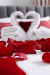 Photo of Honeymoon. Swans made with towels and beautiful rose petals on bed in room, selective focus