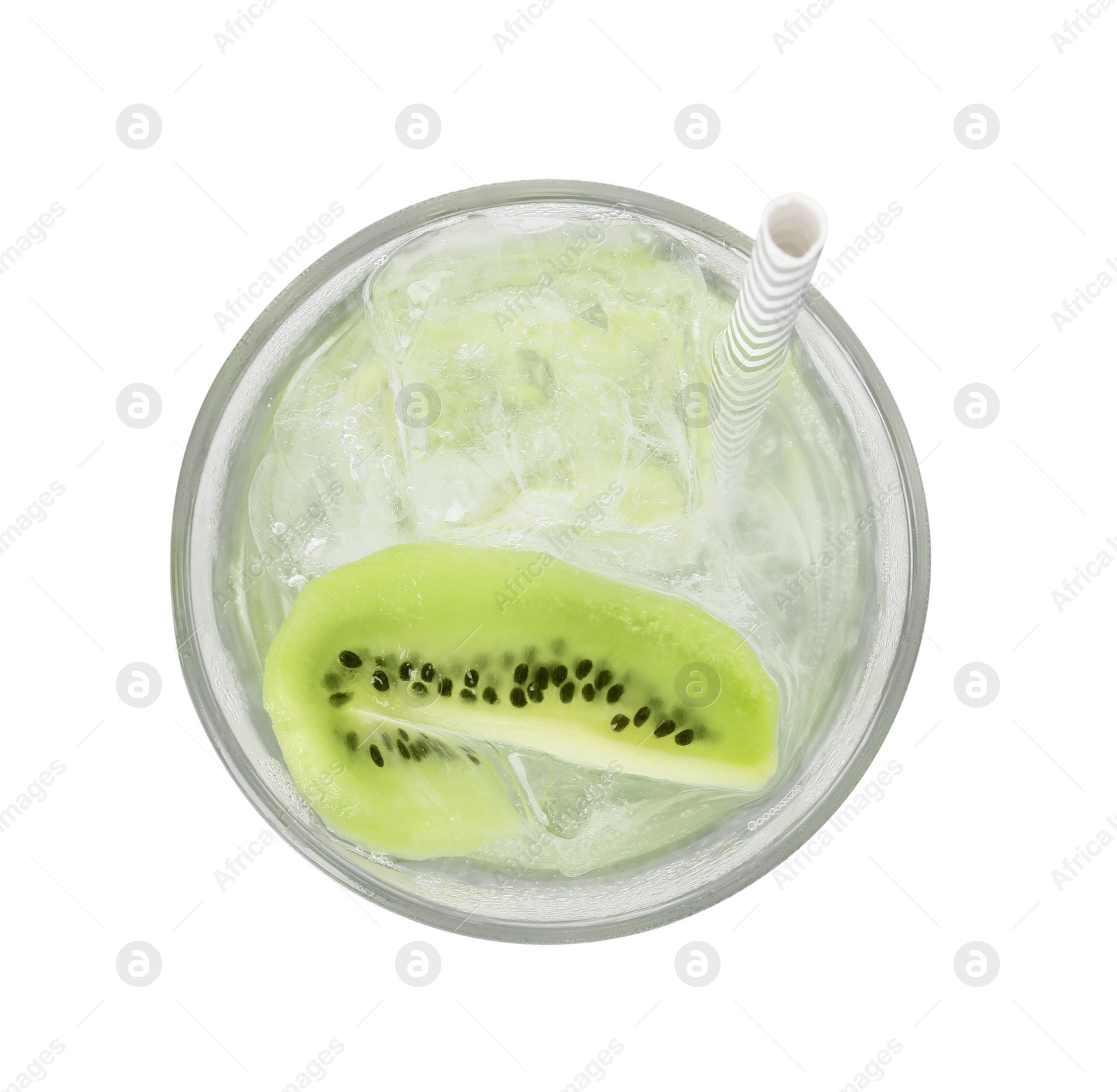 Photo of Glass of refreshing drink with kiwi isolated on white, top view