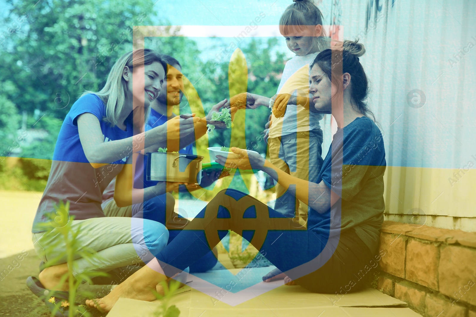 Image of Double exposure of volunteers serving food to homeless woman with little daughter and Ukrainian flag. Helping refugees during war