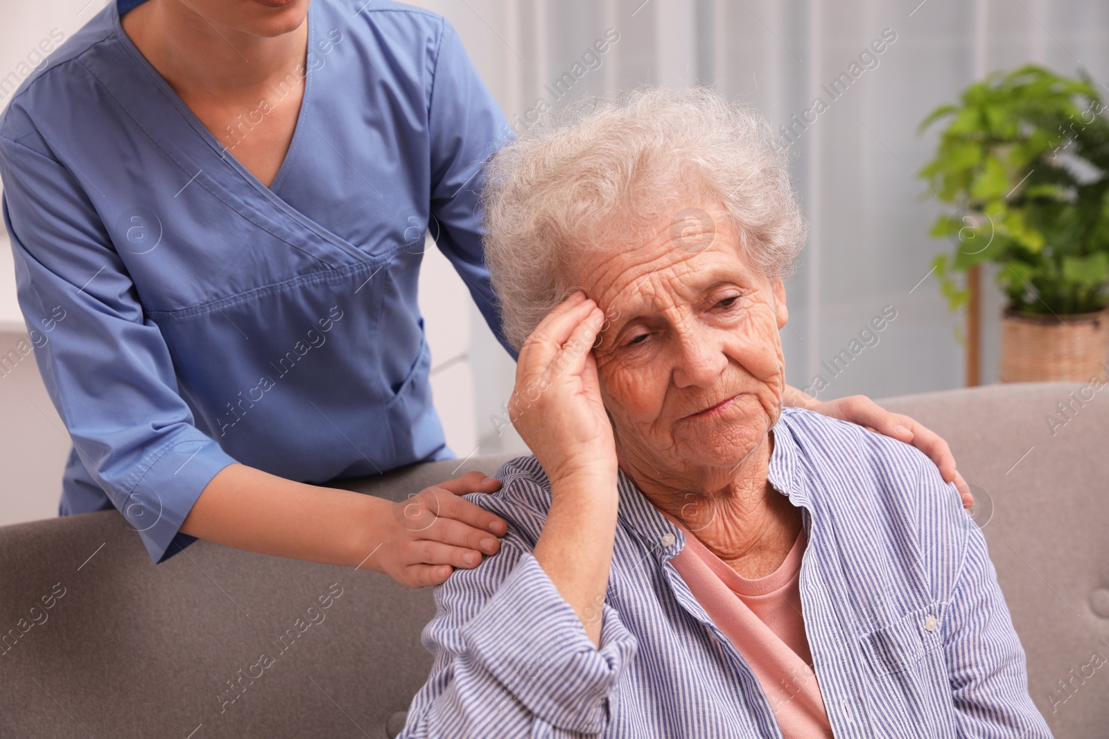 Photo of Nurse taking care of senior woman with headache indoors