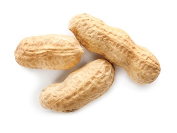 Photo of Raw peanuts in pods on white background, top view