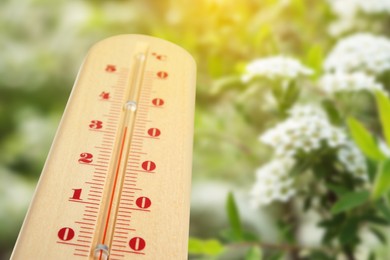 Image of Thermometer and blossoming spiraea shrub outdoors. Temperature in spring