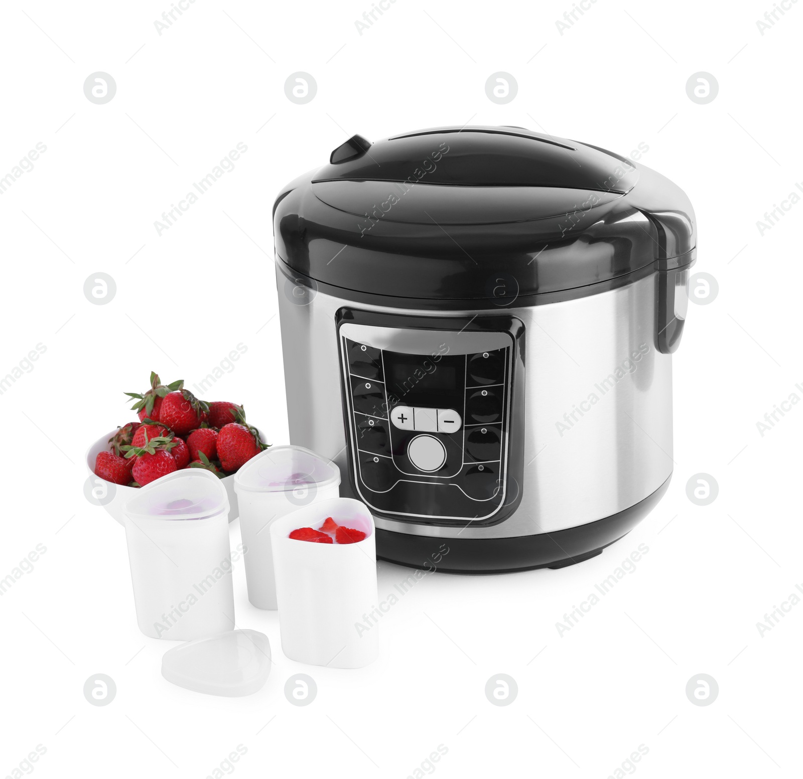 Photo of Modern multi cooker with cups of homemade yogurt and strawberries isolated on white
