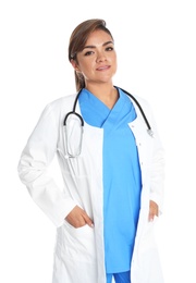 Portrait of female Hispanic doctor isolated on white. Medical staff