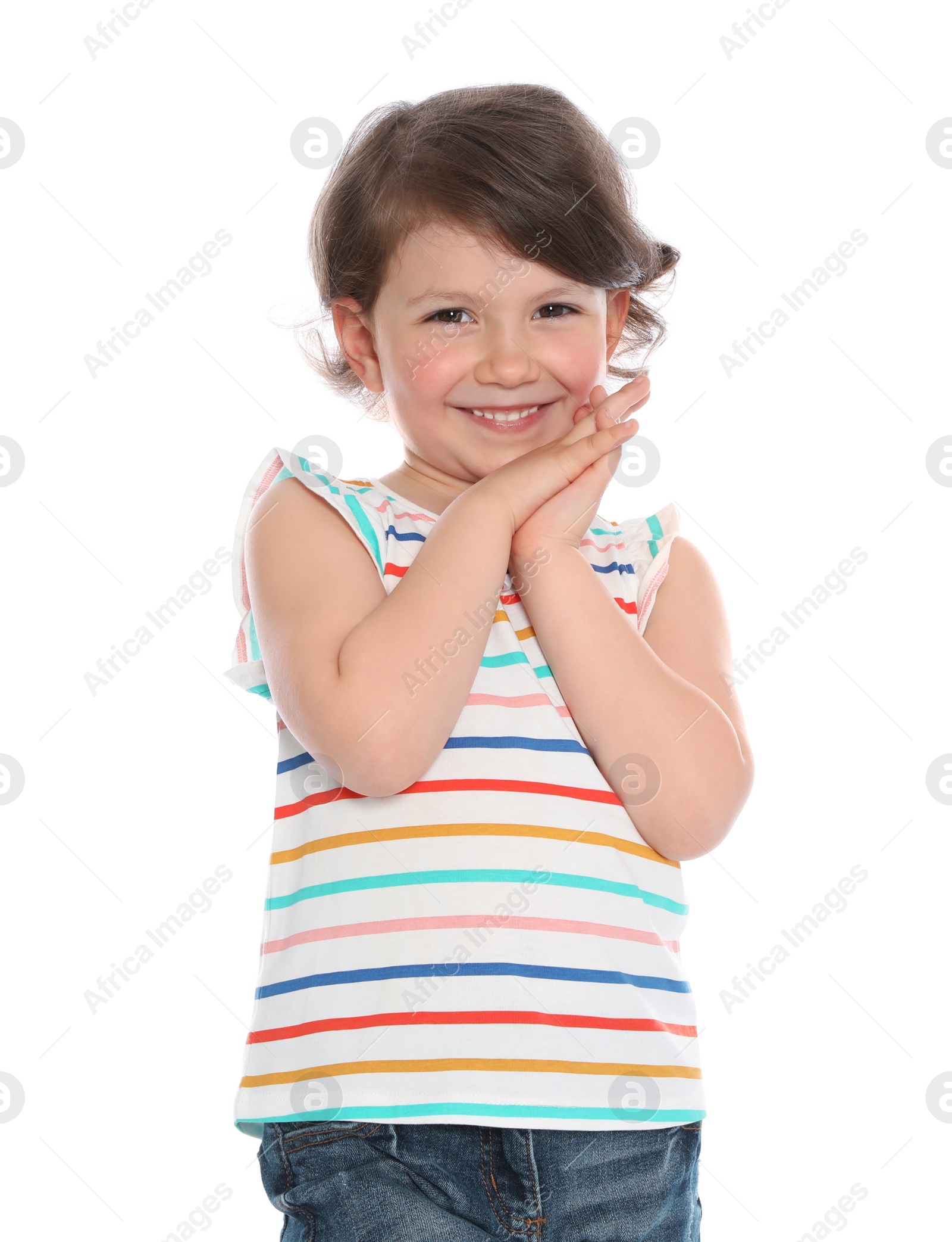 Photo of Portrait of happy little girl in casual outfit on white background