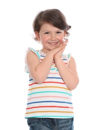 Photo of Portrait of happy little girl in casual outfit on white background