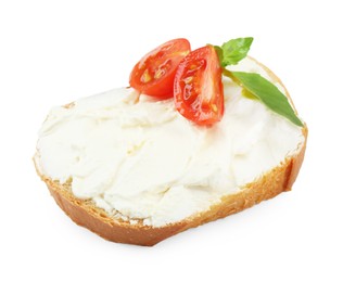 Bread with cream cheese, tomato and basil leaves isolated on white