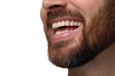 Photo of Happy man with healthy clean teeth on white background, closeup