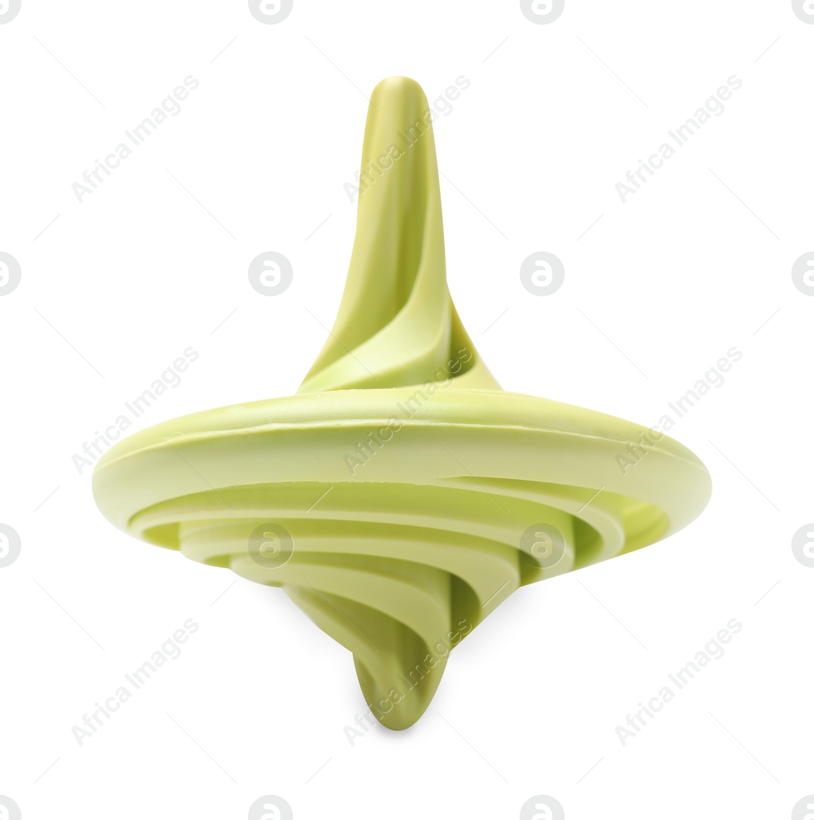 Photo of One green spinning top on white background