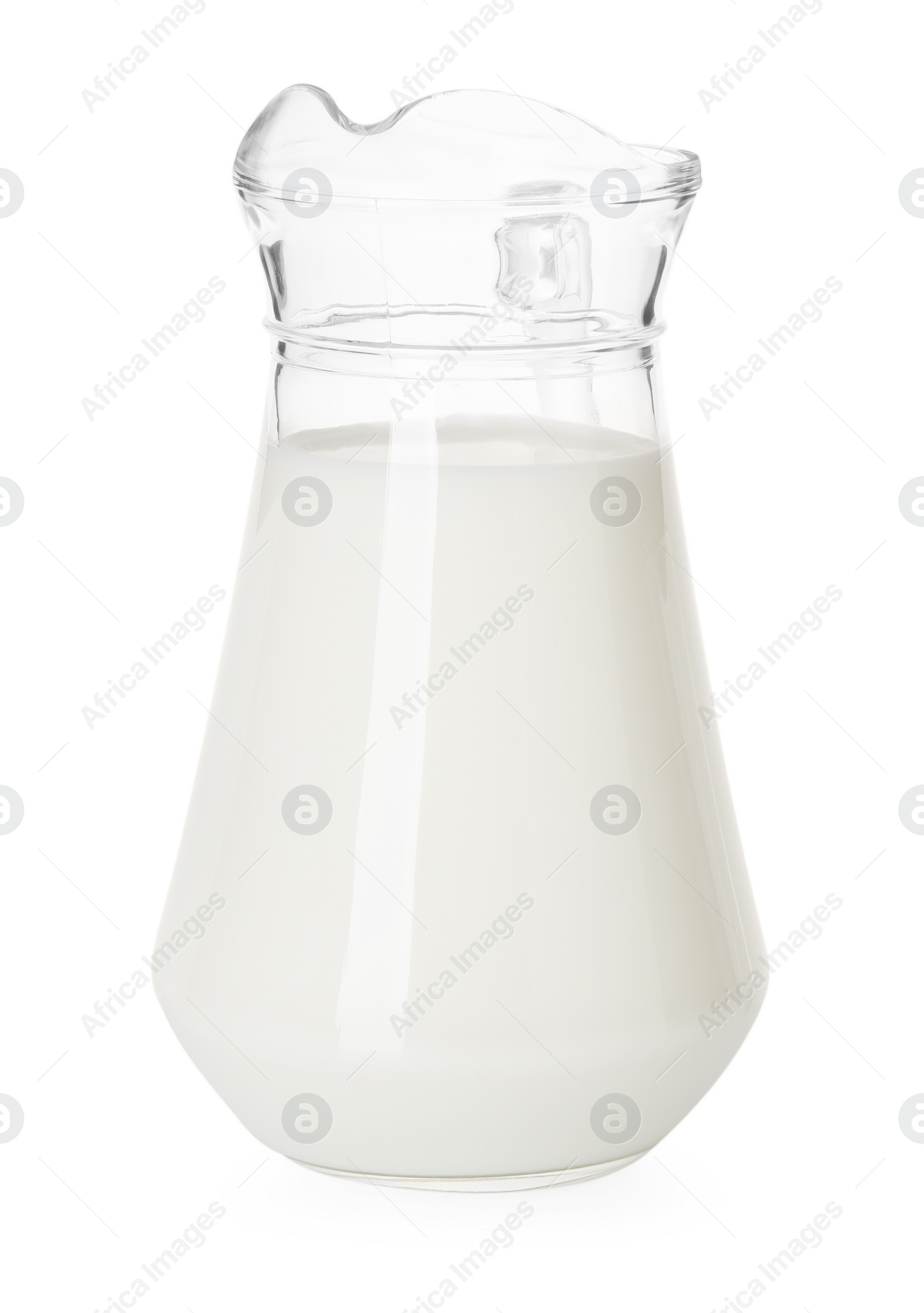 Photo of Glass jug of fresh milk isolated on white