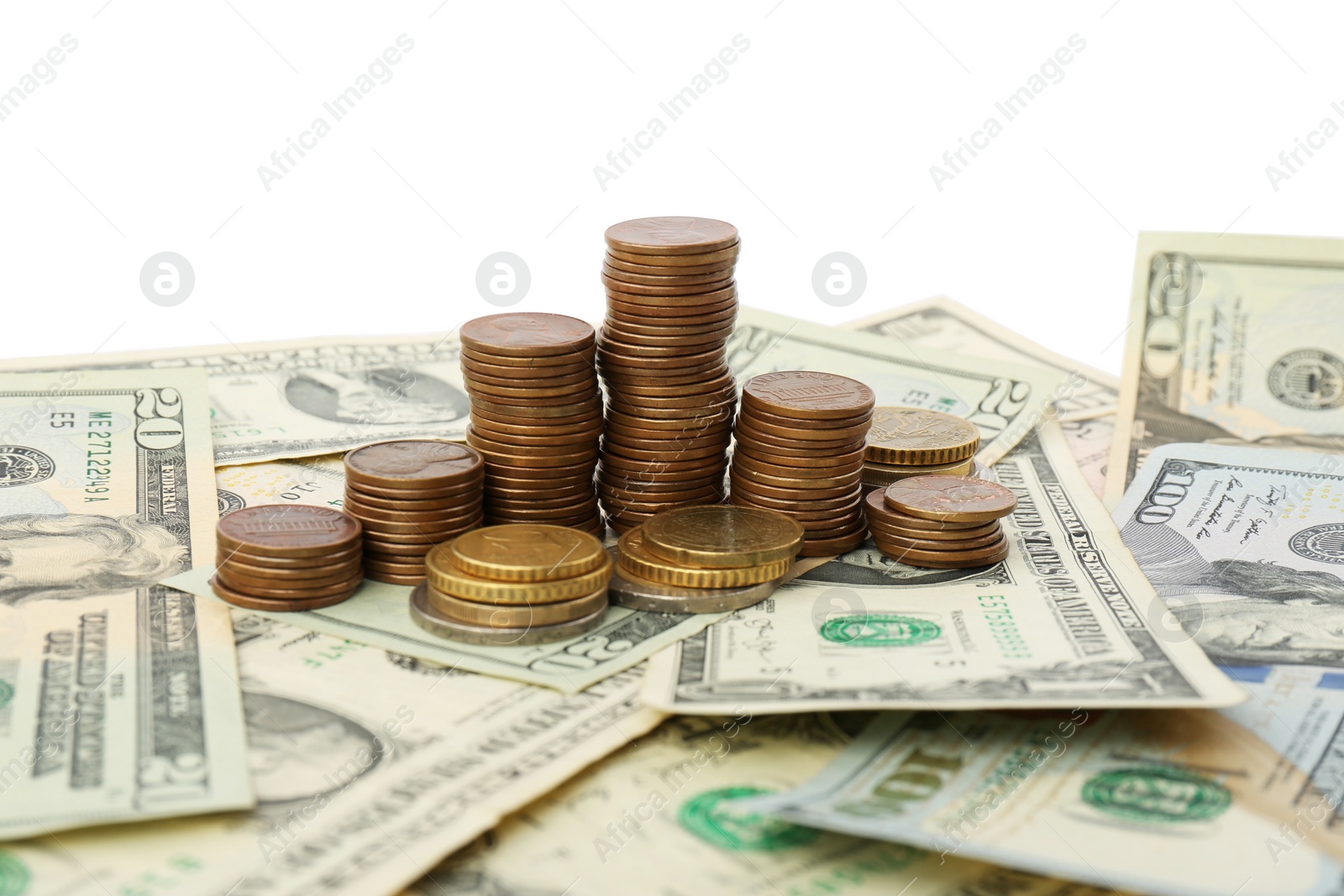 Photo of Dollar bills and coins on white background