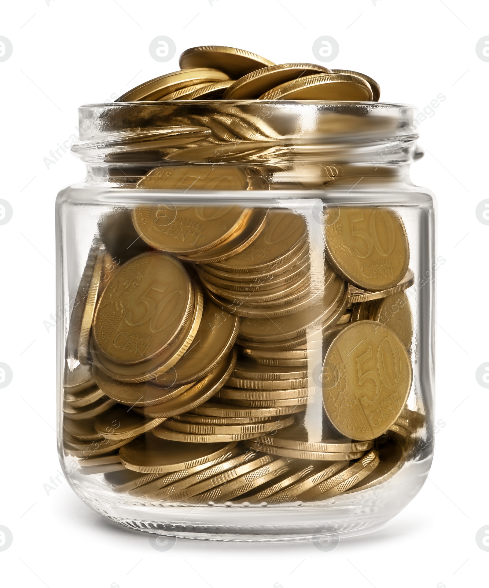 Photo of Glass jar with coins isolated on white