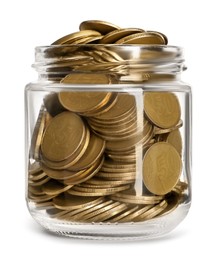 Glass jar with coins isolated on white