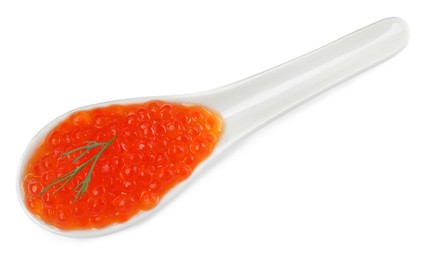 Photo of Spoon with delicious red caviar and dill isolated on white, top view