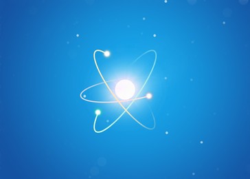 Virtual model of atom on light blue background. Illustration