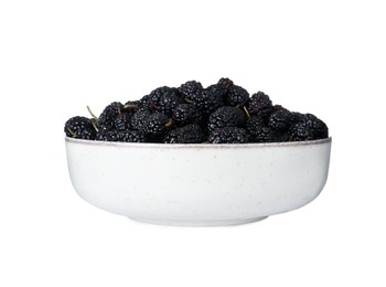 Bowl of delicious ripe black mulberries isolated on white