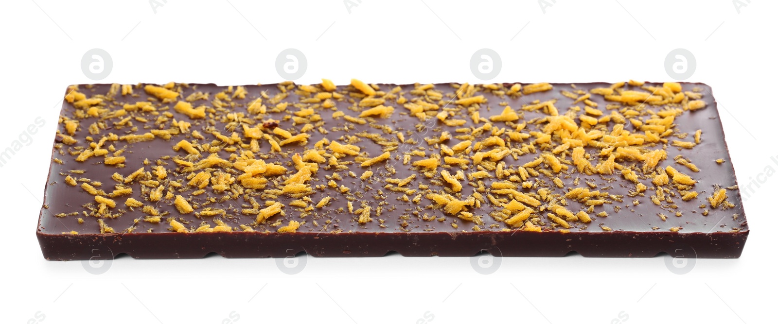 Photo of Chocolate bar with freeze dried fruits isolated on white