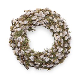 Photo of Wreath made of beautiful willow flowers isolated on white, top view