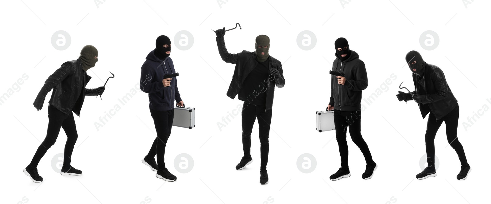 Image of Collage with photos of man in balaclavas on white background