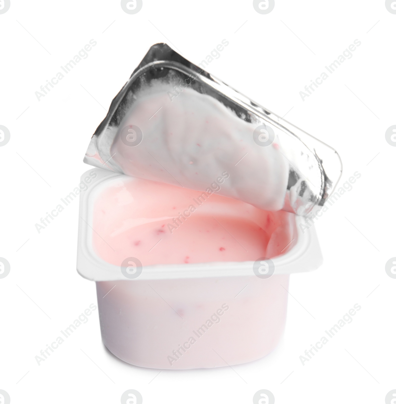 Photo of Tasty organic yogurt in plastic cup isolated on white