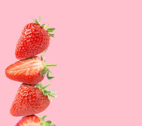 Image of Stack of fresh strawberries on pink background, space for text