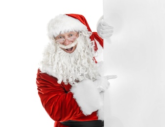 Authentic Santa Claus with blank poster on white background