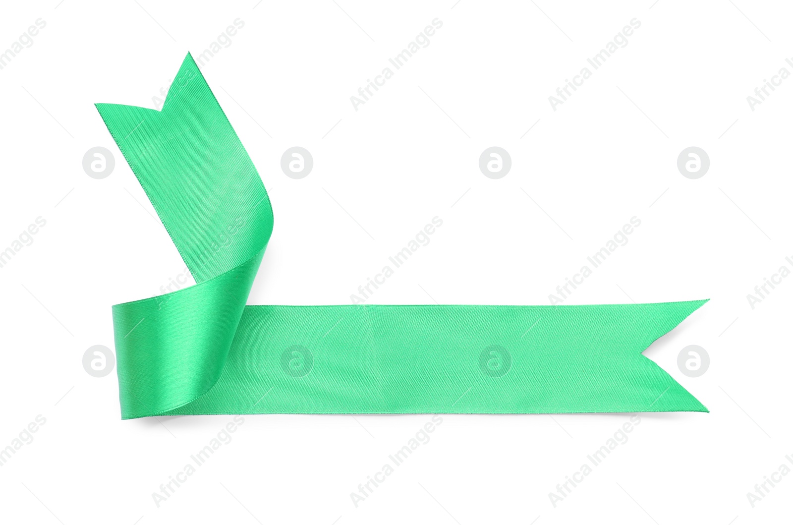 Photo of Beautiful light green ribbon isolated on white, top view