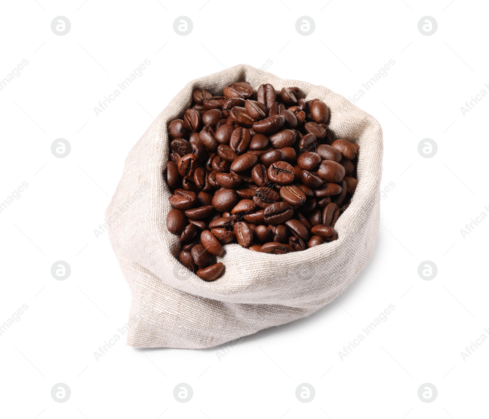 Photo of Bag with roasted coffee beans isolated on white, above view