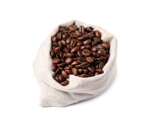 Photo of Bag with roasted coffee beans isolated on white, above view