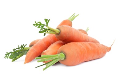 Photo of Pile of ripe juicy carrots on white background
