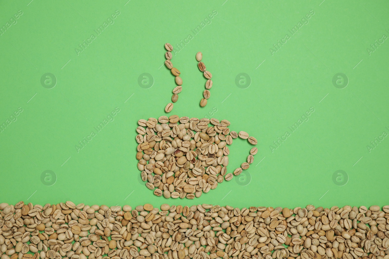 Photo of Cup of hot drink, composition made with coffee beans on green background, flat lay