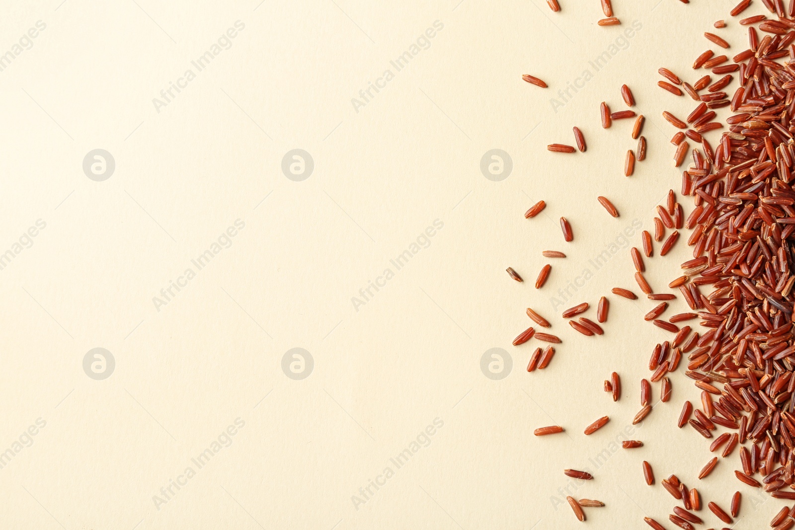 Photo of Brown rice on color background, top view with space for text