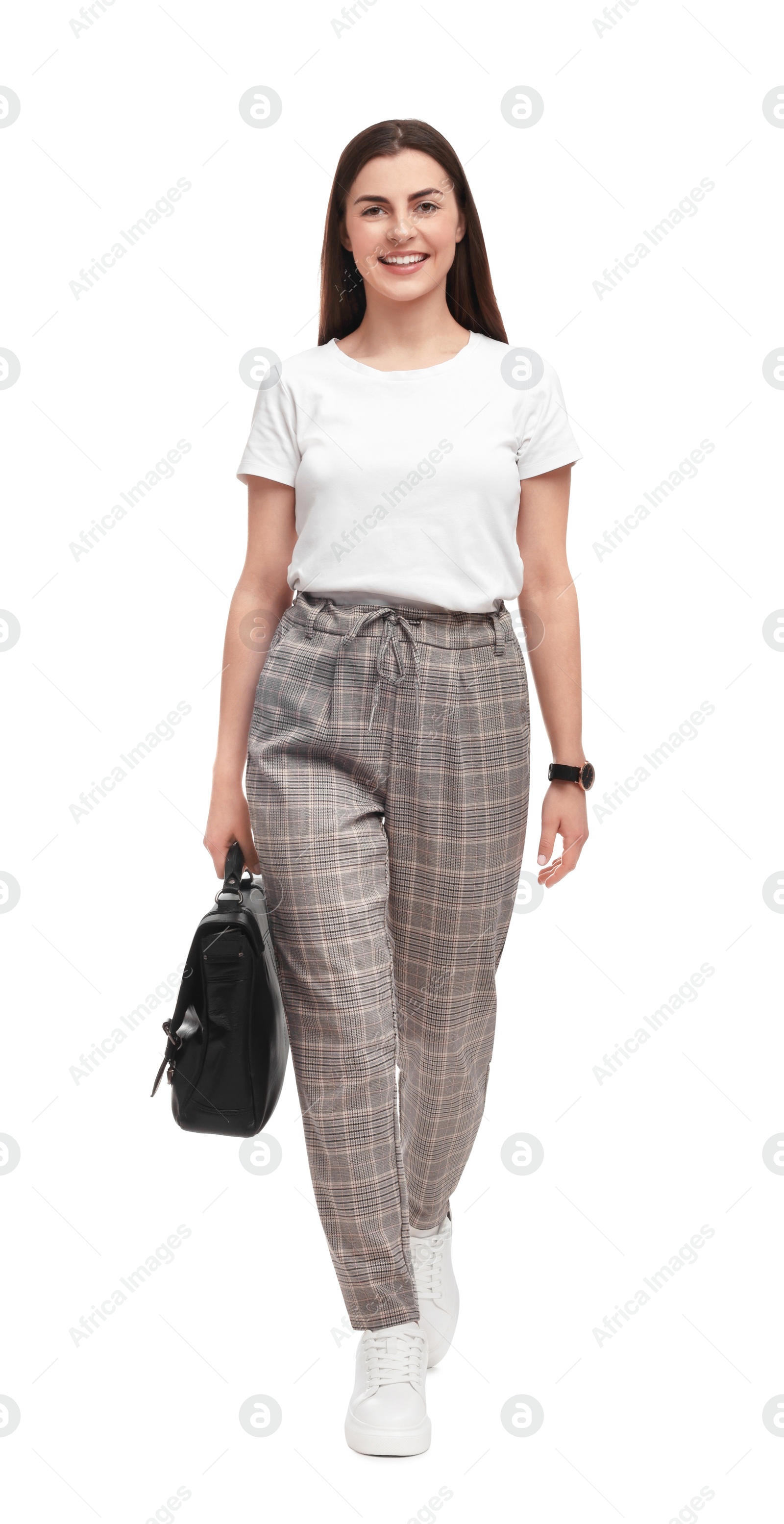 Photo of Beautiful businesswoman with briefcase on white background