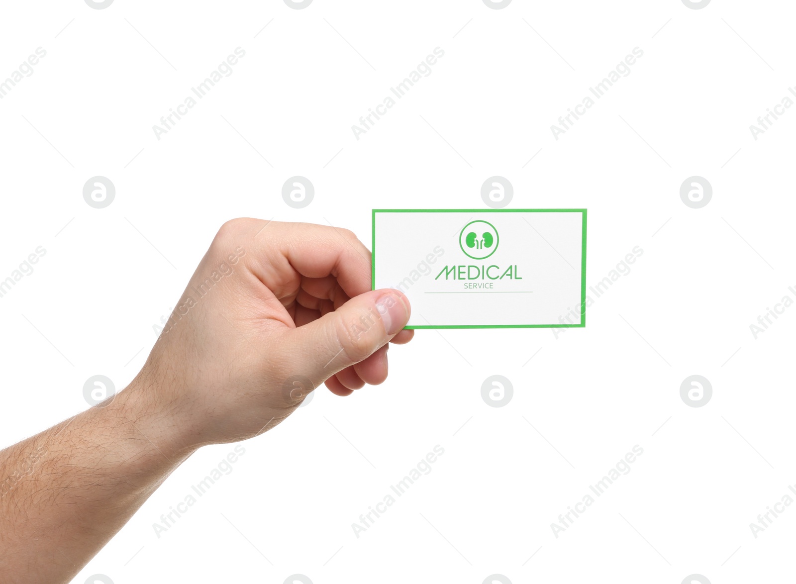 Photo of Man holding medical business card isolated on white, closeup. Nephrology service