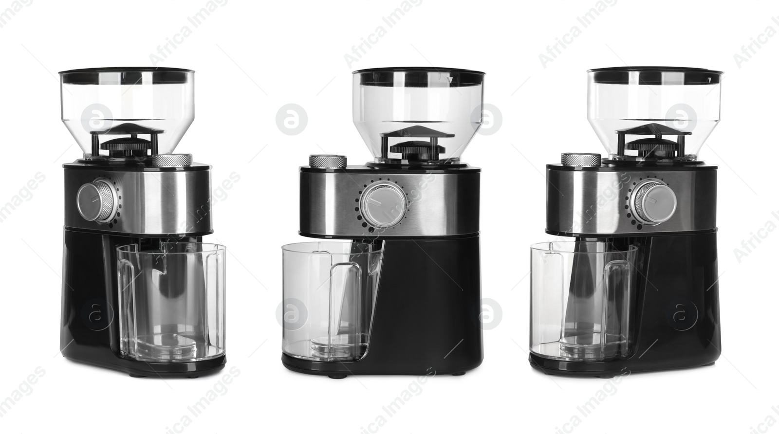 Image of Set with modern electric coffee grinders on white background 