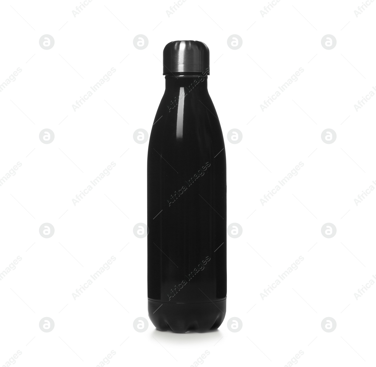 Photo of Modern closed black thermo bottle isolated on white