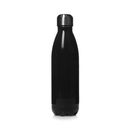 Photo of Modern closed black thermo bottle isolated on white